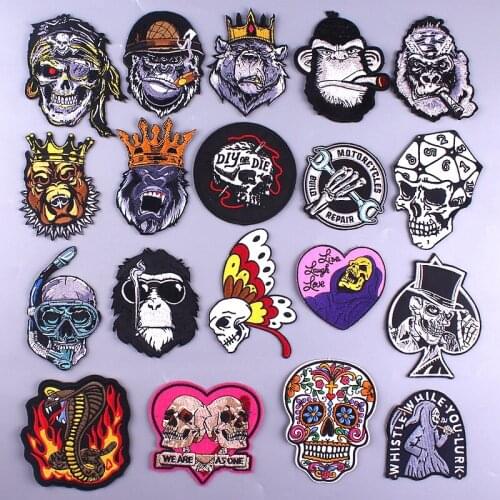 Prajna Skull Patches For Clothing Smoking Orangutan Stripes Badge DIY Punk Biker Iron On Embroidered Patches On Clothes Applique