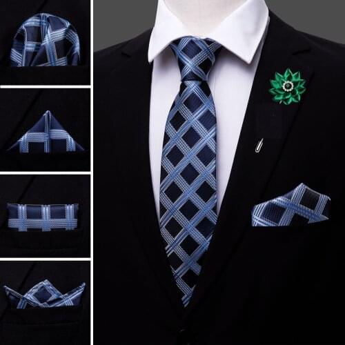 Silk Blue Novelty Men Wedding Tie Brooch Handkerchief Cufflinks Set Geometric Neck Tie For Men Gift Party Business Barry.Wang