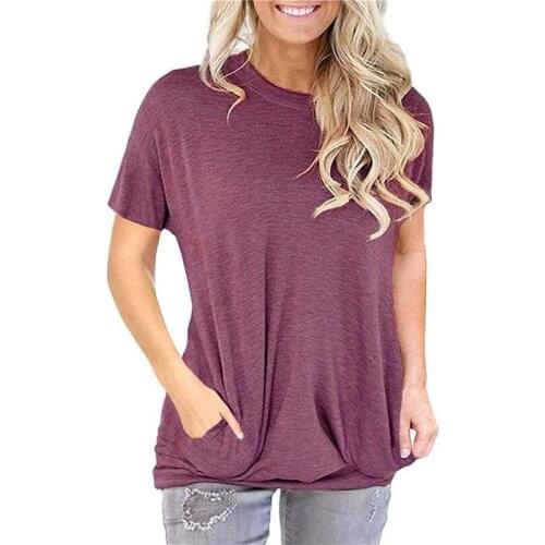 Solid Color Short Sleeve TShirt Women O Neck Pocket Loose Simplicity Casual Tops Tee Shirt Ladies Plus Size Tees