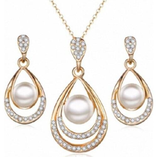 Valentine Day Gifts Gold Color Simulated Pearl Water Drop Crystal Pendant Necklace Earrings Wedding Jewelry Sets For Women