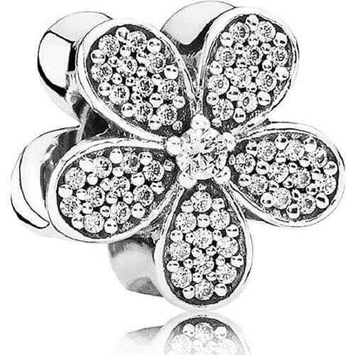 Authentic S925 Bead Charm Cute Daisy Flower With Crystal Beads for Women Bracelet Bangle DIY Jewelry