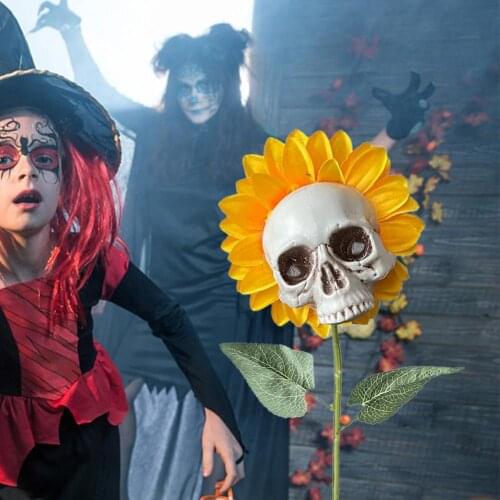 Durable Haunted House Props Simulation Sunflower Skeleton Head Halloween Ornament Party Bar Home Decorative Supplies 2021
