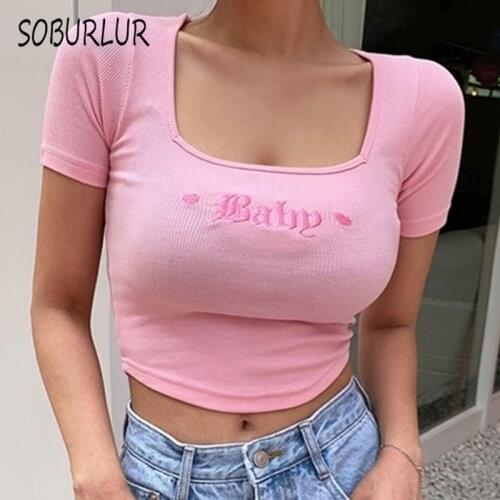 SOBURLUR 2021 Summer New Kawaii Pink Womens T-shirts Sexy Crop Tops Woman Clothing Character Cropped T Shirt Fashion Girls Tees