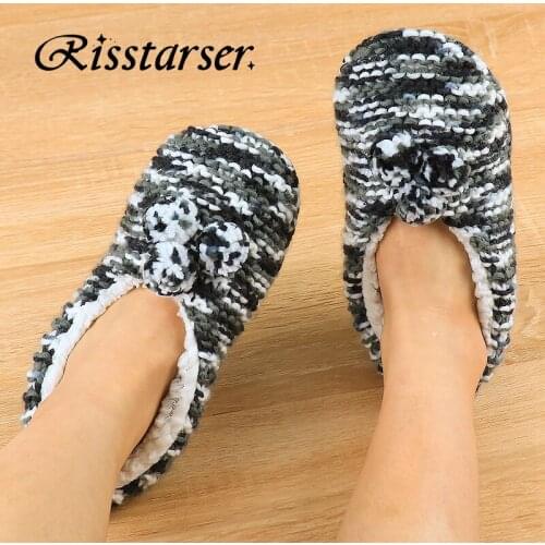 Women Winter Home Socks Slippers Crochet Cotton Shoes Soft Plush Indoor Slippers for Women Pom Pom Couple Warm Fur Slippers