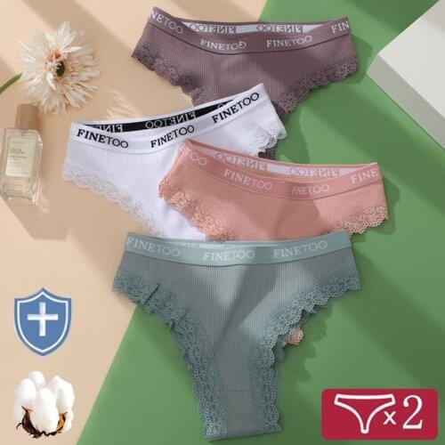 FINETOO 2Pcs/Set Cotton Brazilian Panties Women Plus Size M-2XL Lingerie Sexy Lace Underwear Low Rise Girls Intimates Underpants