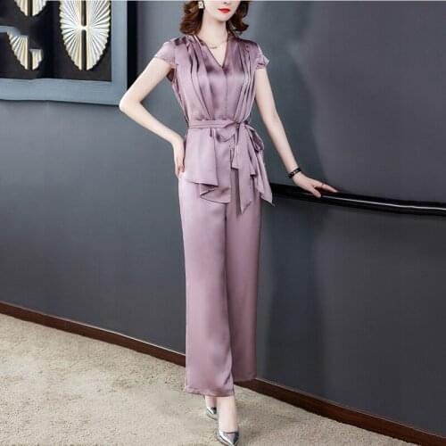 2021 Summer Female New Fashion Temperament V-neck Slim Slimming High Waist Drape Wide-leg Pants Suit Women s297