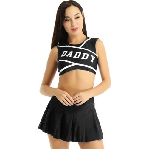 Womens Cheerleader Cosplay Costume Round Neck Sleeveless Crop Top With Mini Pleated Skirt Adult Charming Suit Sexy Clubwear