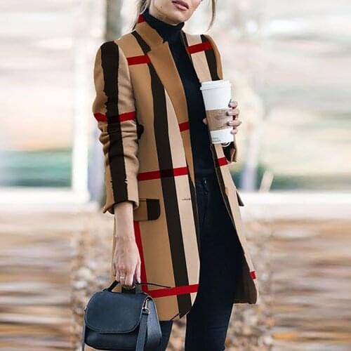 Office Ladies Coat Plaid Stripe Printed Blends Coat Women Casual Collar Tweed Loose Long Slim Outerwear Suit
