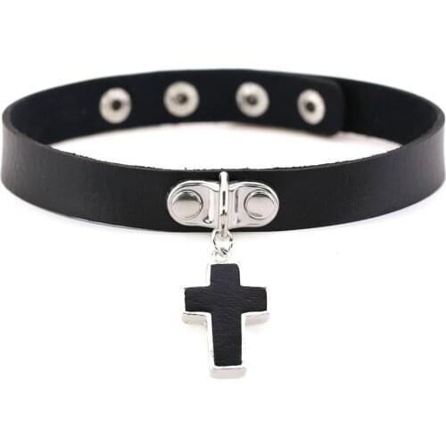 ZIMNO Harajuku Goth Choker Necklace Leather Sexy Collar Cross Pendant Necklaces for Women Short Clavicle Chain Gothic Jewelry