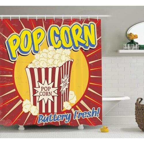 1950S Shower Curtain Vintage Grunge Style Pop Corn Commercial Old Fashioned Cinema Movie Film Snack Artsy Work Bathroom Curtains