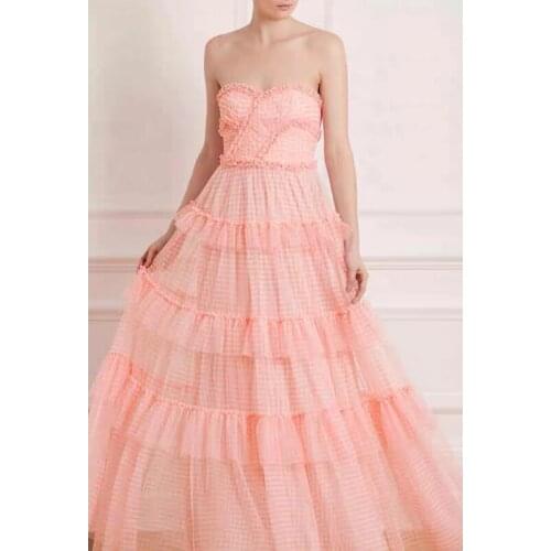 2021 Summer Fashion Runway New Strapless Dress Women Plaid Printed Edible Tree Fungus Ruffles Mesh Ladies Party Dress