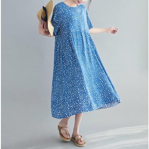 2021 New Arrival Fashion Print Dot Loose Summer Dress Linen Cotton Plus Size Women Holiday Outdoor Travel Casual Midi Dress