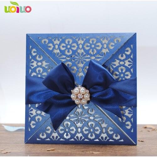 DIY 25set customize inc244 four-side open laser cut wedding invitation card +tied bow+big rhinestone+printing card+envelope seal