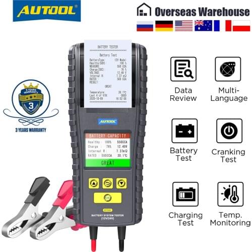AUTOOL BT860 Car Battery Tester With Printer 12V 24V Real Time Temperature Monitoring Battery Checker Load Test Charger Analyzer