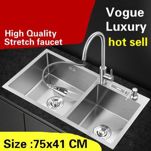 Free shipping Apartment wash vegetables kitchen manual sink double groove stretch faucet 304 stainless steel hot sell 75x41 CM