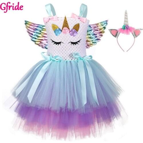 Girls Unicorn Party Costume With Headband Wings For Children Dress up Birthday Party Dresses New Year Kids Animal Tutu Dress
