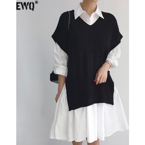 [EWQ] New Elegant Gentle Solid Color Wild Single-breasted Lantern Sleeve Doll Shirt Dress + Split Knitted Vest Summer 16F1301