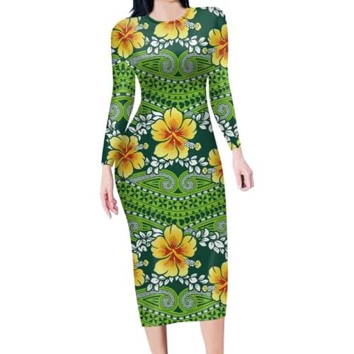 HYCOOL Vintage Hawaii Flower Polynesian Autumn Dresses Women Dress Elegant Simple O-neck Bodycon Work Office for Lady Vestidos