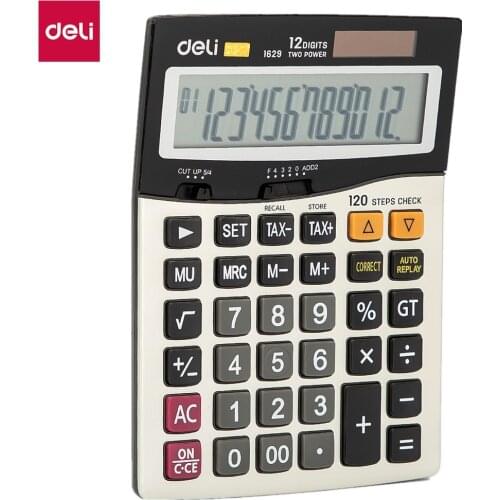 Deli E1629 Calculator universal programmer 120-check Tax Calculators 12-digit Battery & Solar Dual power Metal Surface office