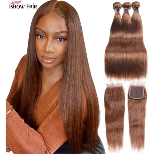 Ishow 4# Colored Straight Bundles with Closure Brown Ombre Bundles with Closure Remy Human Hair Bundles with 4x4 Lace Closure