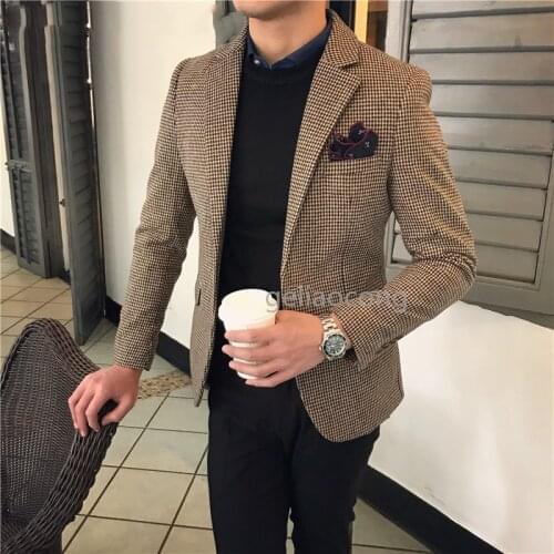 Mens Suits Houndstooth Blazer Plaid Brown Groom Wear Slim Fit Plus Size Britishs Style Casual Jacket Male Business Customized