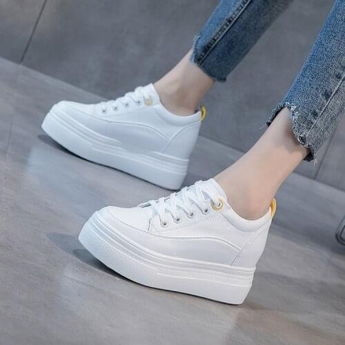 Genuine Leather Womens White Shoes Platform Sneakers Spring Autumn Fashion Women Black Increase Casual Shoes Lace-up