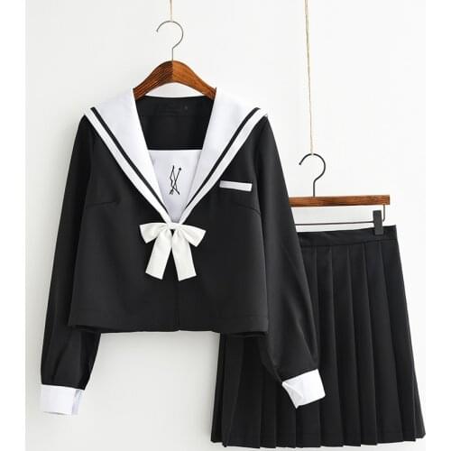 Bow and Arrow Embroidery Cute Japanese School Girls Autumn Uniform JK 2Pcs Set:Long Sleeves Sailor Collar Blouse+Skirt Black