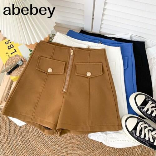 Fashion versatile solid Suit Shorts double pocket zipper design high waist casual wide leg Shorts 2021 New Summer Women