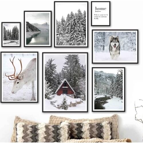 Mountain lake Snow Forest Deer Dog House Wall Art Canvas Painting Nordic Posters And Prints Wall Pictures For Living Room Decor