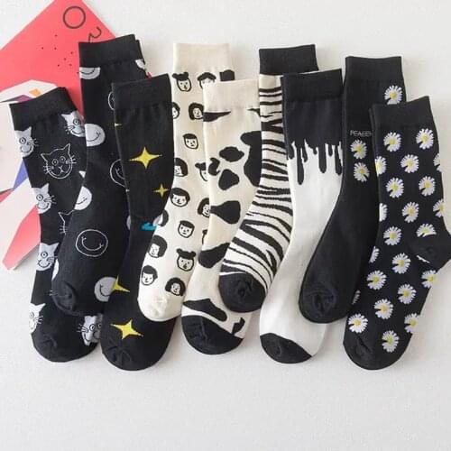 LUCKY ZONE Spring and Autumn Socks Cute Cow Couple Socks Black and White Cartoon Pattern Men and Women Socks Casual Socks XCY