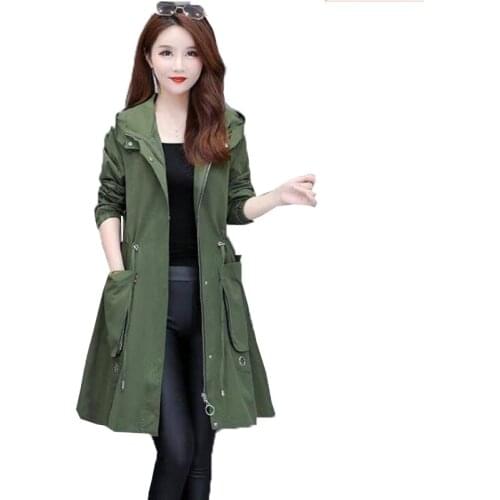 New Spring Autumn Windbreaker Jacket Womens Loose Large Size Windbreaker Womens Mid-Length Zipper Hooded Large Size Jacket