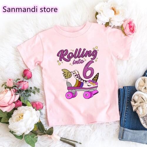 New Arrival 2021 Pink Tshirt Tops For Girls Kids Clothes Rolling Into 7th Birthday Unicorn Roller Skate Party T Shirt Streetwear