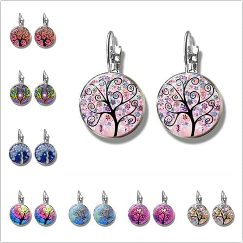 New Beauty Colorful Life of Tree Love hearts Stud Earrings Ear Nail Life Tree Jewelry Glass Dome Earrings For Women