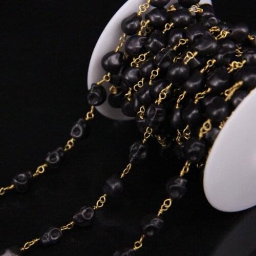 8x10mm Size,Skull Shape Black Turquoises Rosary Style Chain,Turquoises Stone Brass Wire Wrapped Chains Necklace Jewelry making