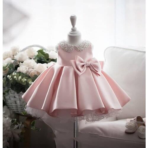 Pink Satin Pearl Beaded Flower Girl Dresses Jewel Collar Ball Gown Princess Bow Wedding Party Dresses