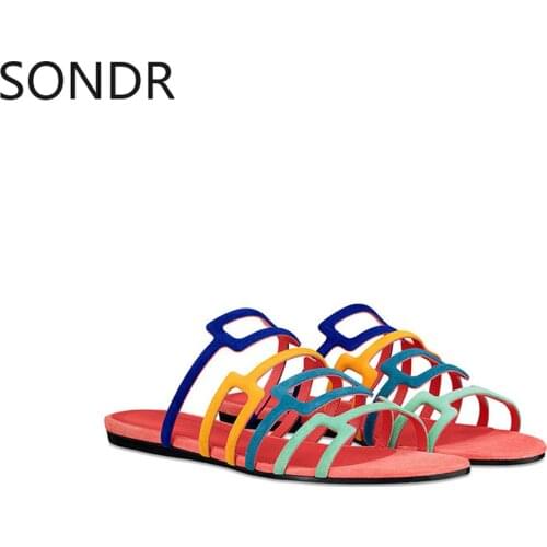 Womens Rainbow Colors Flat Beach Hollow Out Sandals Sipper Shoes Slides Summer Boho Beach Fashion New 2021