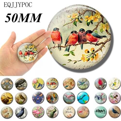 Blue Birds on A Branch 50MM Fridge Magnet Pink Flowers Glass Cabochon Magnetic Refrigerator Stickers Note Holder Home Decoration