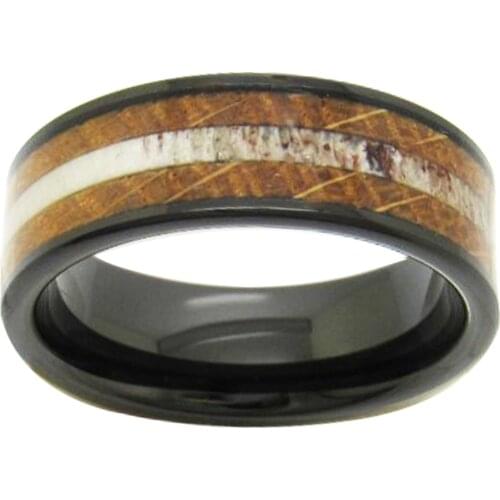 Vintage Wood Inlay Antler Ring Black Pipe Tungsten Carbide Wedding Band Party Gift Ring Free Custom Engraving Drop Shipping