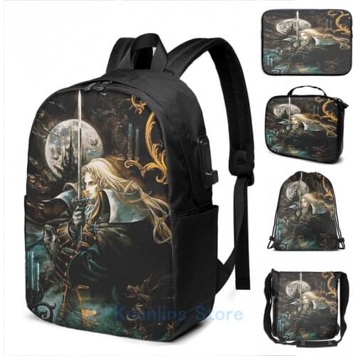 Funny Graphic print Ayami Kojima Castlevania Symphony of The Night Alucard USB Charge Backpack men School Travel laptop bag