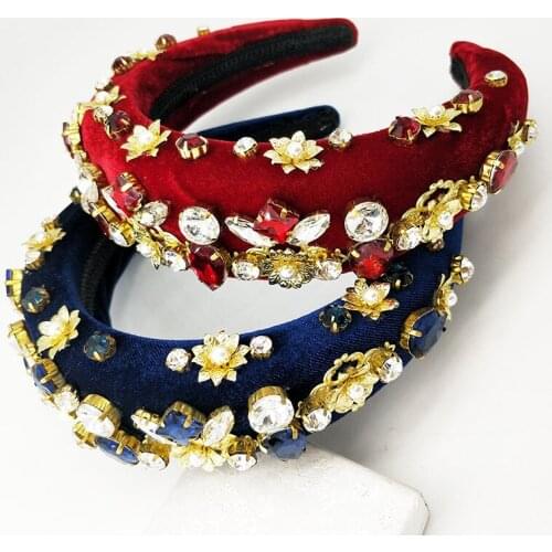 Headbands for Women Rhinestone Pearl Crown Solid Wide Side Bandage Medium Turban Headband Girls Autumn Winter Hair Accessories