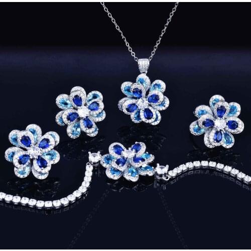 Ladiess Romantic Charm Silver Earrings Blue Camellia Zircons Necklaces Rings Sets Fine Costume Jewelry Valentines Gifts