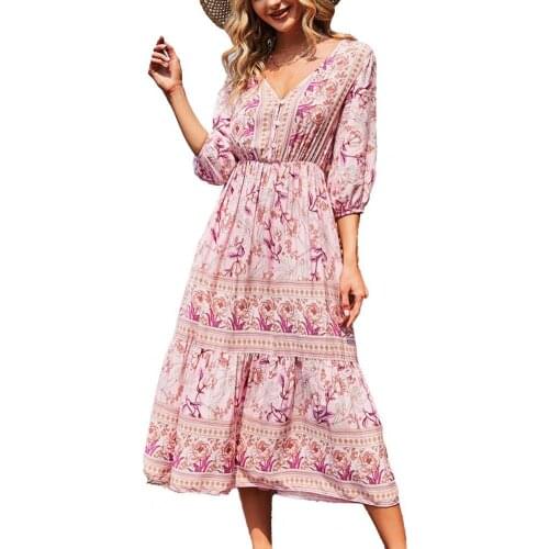 Summer Women Mini Boho Dress Floral Print V Neck Bohemian 3/4 Sleeve Large Hem Dress for Dating купальники женские 2021