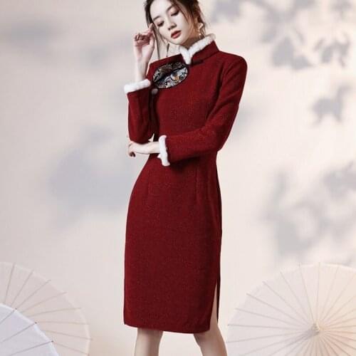 2021 New Year Chinese National Party Dresses Vintage Long Sleeve Midi Dress Mandarin Collar Women Slim Cheongsam Dress 12381