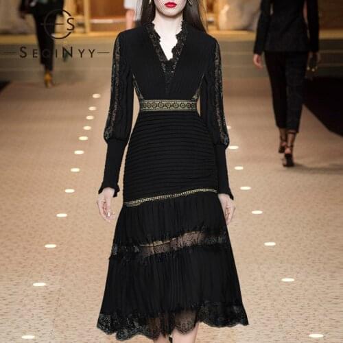 SEQINYY Elegant Midi Dress Summer Spring New Fashion Design Women Runway High Quality Lace Hollow out Sexy Party Pleated
