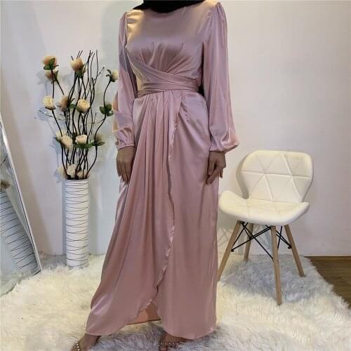 2021 Hot selling Muslim Dress Abaya Clothing For Women Modest Fashion Tie Belt Satin Dresses Turkey Middle East Islam Clothing