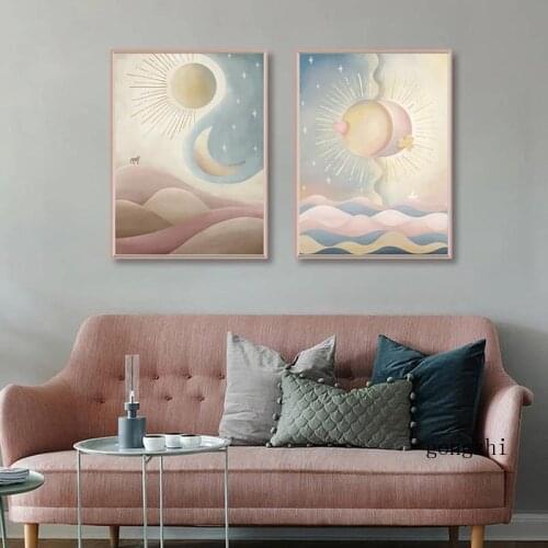 Pink Cloud Landscape Sun and Moon Nordic Abstract Canvas Poster Wall Art Painting and Print Picture Modern Home Decoration
