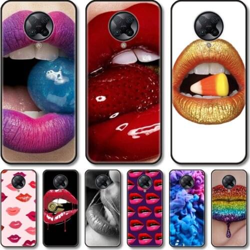 Red lips Phone Case For xiaomi M2 C3 X3 F2 Lite NFC 6 5 x Poco k30 Pro Anime Black Cover Silicone Back Pretty tpu