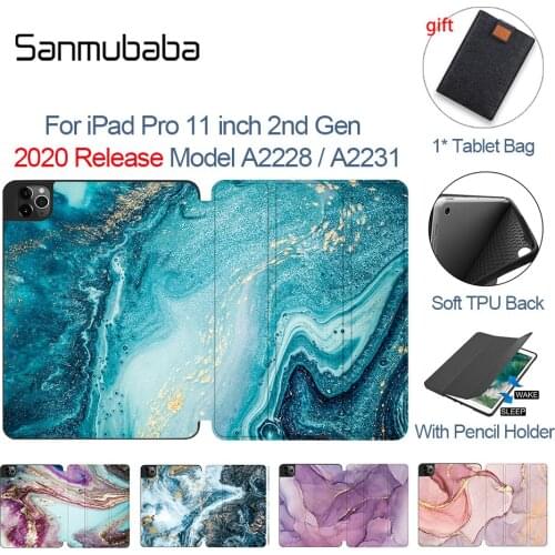 Sanmubaba 2020 Marble Case For iPad Pro 11 inch A2228 A2231 Soft TPU+PU Leather Flip Stand Cover Tablet Case With Pencil Holder