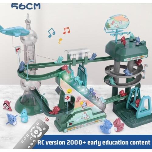 Childrens Large Sound And Light Dinosaur Climbing Stairs Toy Electric Rotating Slide Assembled Rail Car Set Interactive Toys