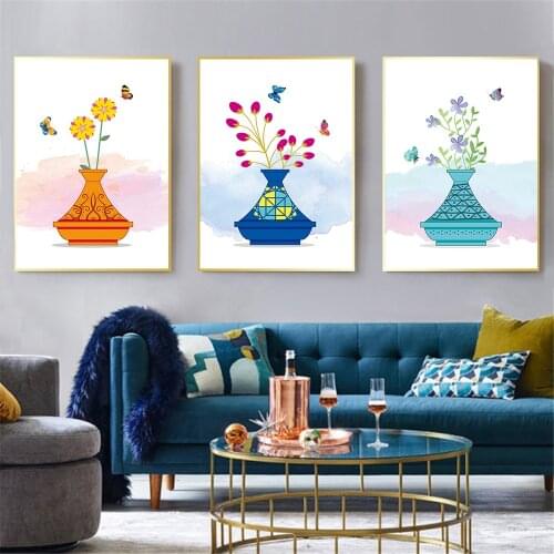 Flowers Canvas Artistic Wall Painting Vase Flower Arrangement Colorful Animal Butterfly Home Decoration Painting Poster